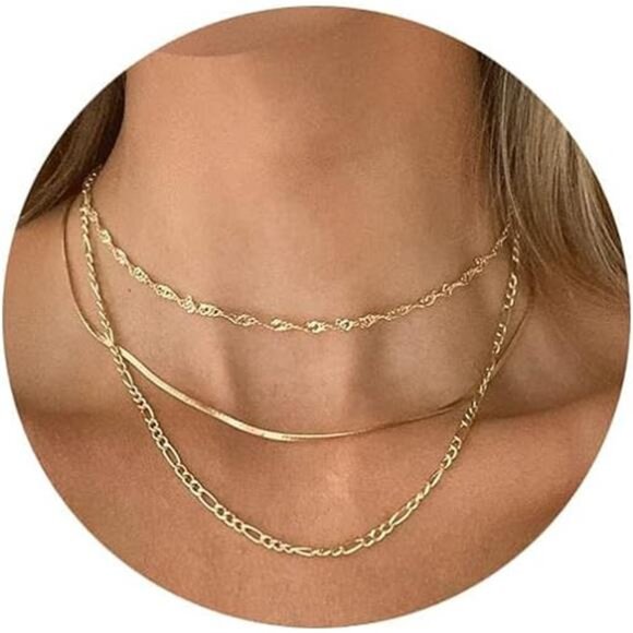 Gold Herringbone Necklace For Women,Layered Gold Necklaces,14k Gold Plated - Picture 7 of 7
